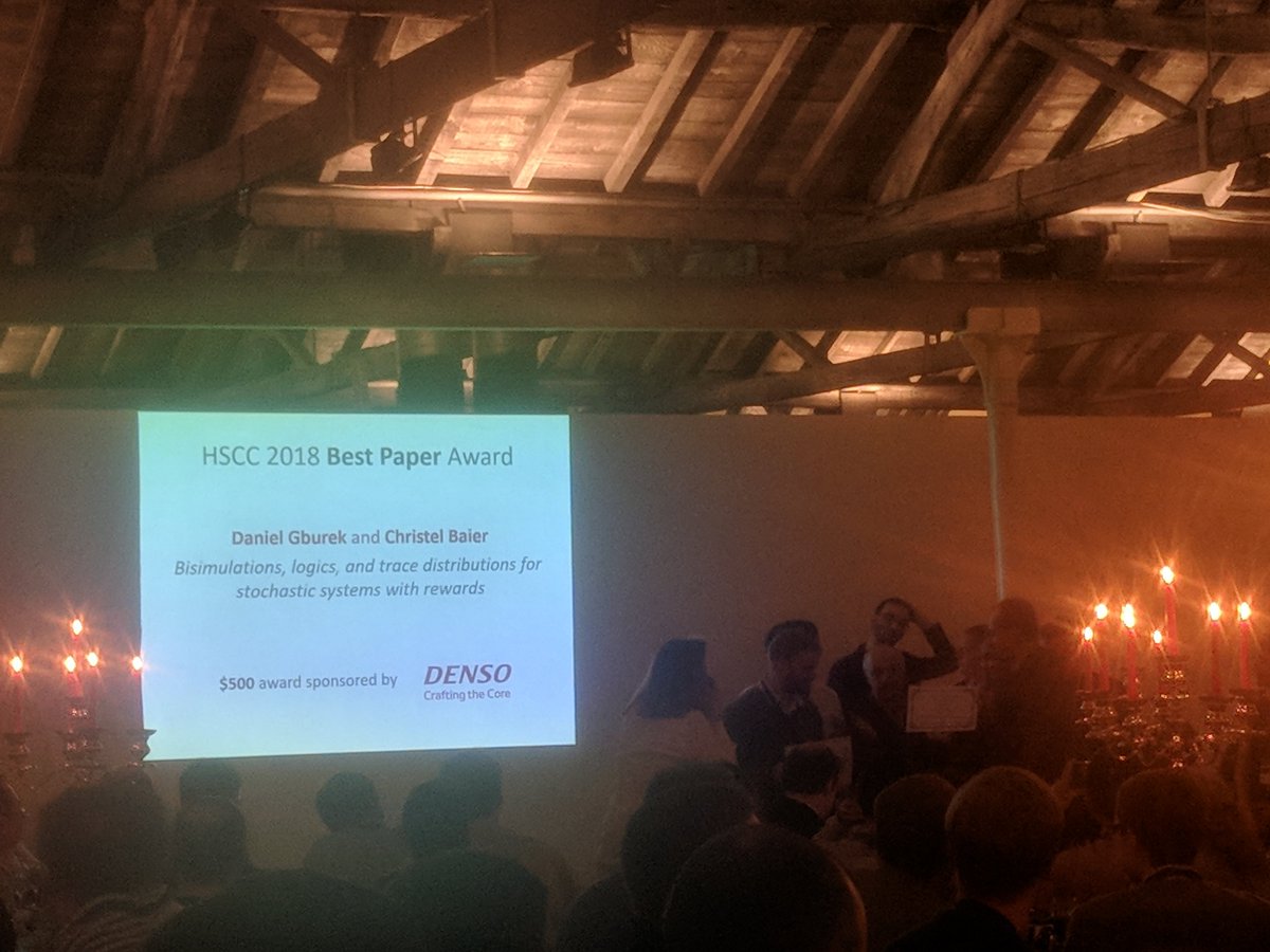 hscc_conference's tweet photo. HSCC 2018 Best paper award was given to Daniel Gburek and Christel Baier for their paper: "Bisimulations, logic, and trace distributions for stochastic systems with rewards". Congrats!
#cpsweek2018 #hscc2018 https://t.co/RGzI9ppYyc