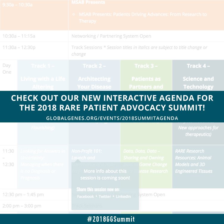 GlobalGenes's tweet photo. Register now for the 2018 RARE Patient Advocacy Summit at https://t.co/mhD5WyxM3Y and start planning with our NEW interactive agenda at https://t.co/xAUAn6wfCa #2018GGSummit https://t.co/COYHXCLm3a