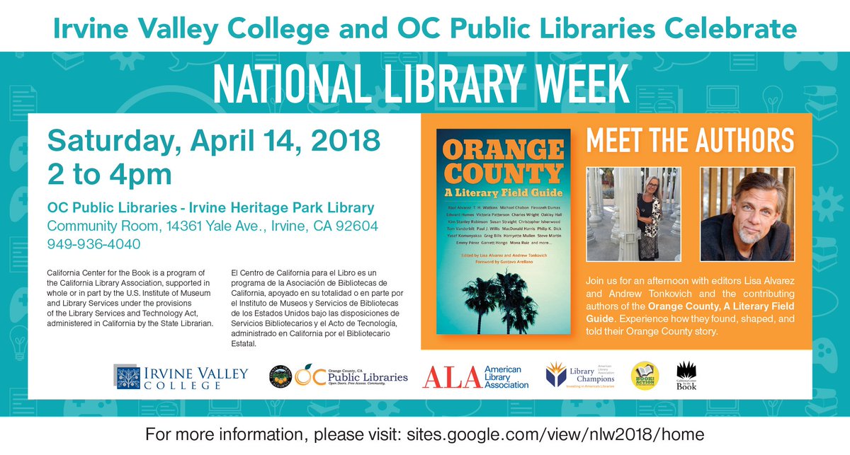 This Saturday from 2-4pm, meet co-editors Lisa Alvarez and Andrew Tokovich of OC: A Literary Field Guide  at the Irvine Heritage Park Library from ow.ly/Y68w30jlo5C #nationallibraryweek #ilovemylibrary #proudtobeivc #library #ivclibrary @CaliforniaCenterfortheBook