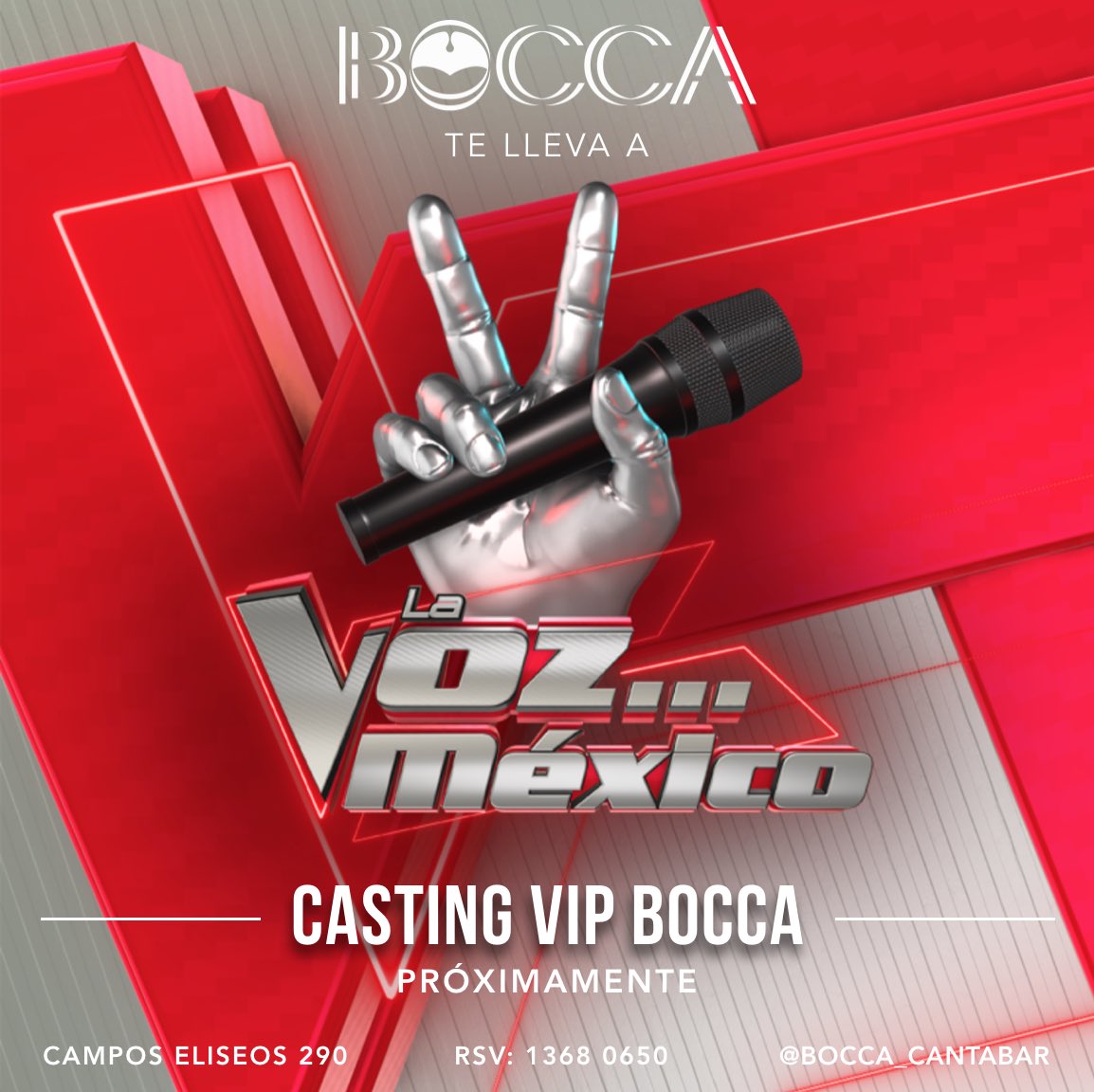 Bocca_cantabar's tweet photo. BOCCA TE LLEVA A LA VOZ MÉXICO
Realiza el casting para @LaVozMexico en @Bocca_cantabar. Los finalistas pasarán directo al CASTING VIP en foro televisa.

#LaVozEnBocca #CastingVIPBocca #LaVozMéxico #CastingLaVozVIP
#CastingLaVozMéxico #BoccaCantabar #Kareoke #Cantabar https://t.co/oaDx6nymAO