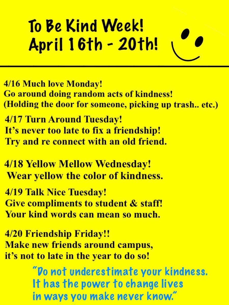 Starting next Monday! We are excited for To Be Kind week. Spartans, throughout the week we would love to see you spreading your kindness, use the hashtag #SpotoSmiles on any social media platform so we can like &amp; repost!