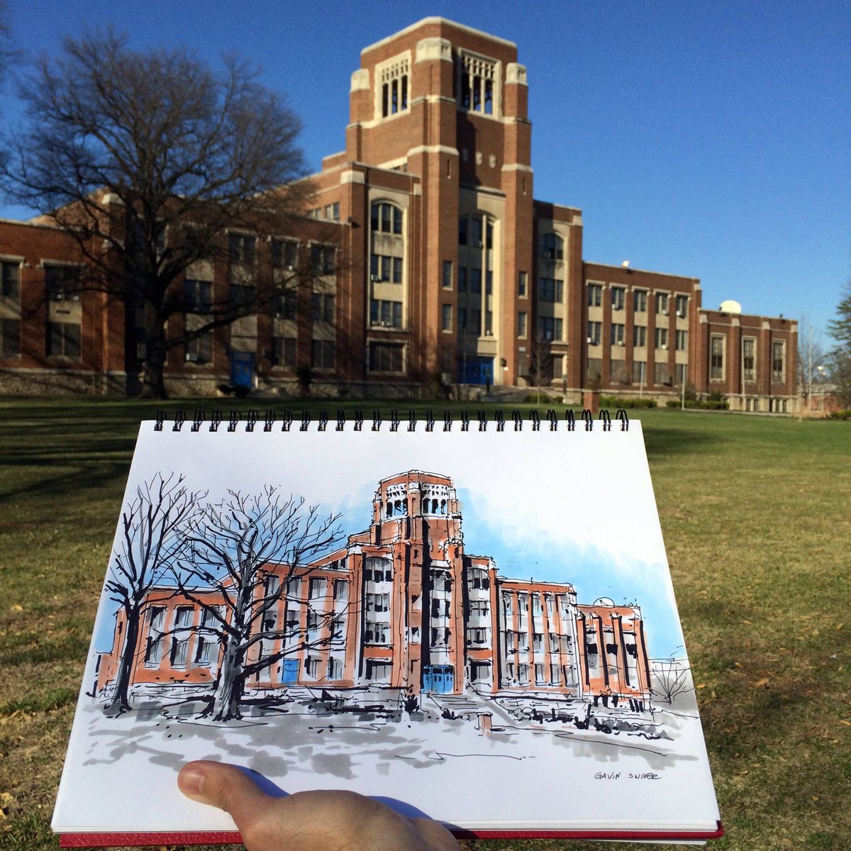 GavinSnider's tweet photo. Southeast High School was built in 1937, just down the street from Swope Park. Today it serves as Kansas City Public Schools African-Centered College Prep Academy. #DrawKC #KansasCity #KCMO #KC #tbt #urbansketchers #sketchbook #usk https://t.co/6FxfpWmSjv