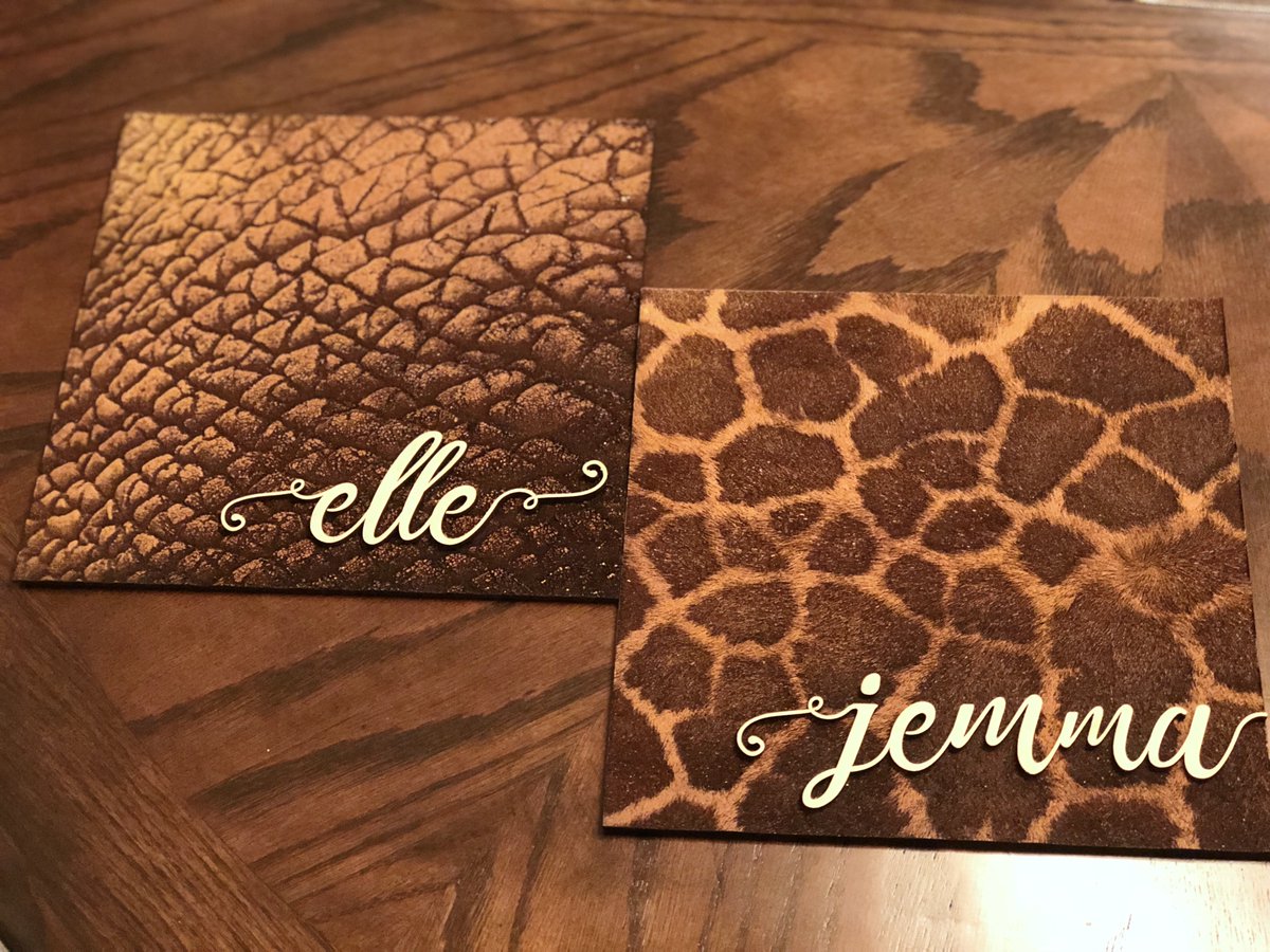 VegaOrion's tweet image. I made some 3D engraved name plates on my  @glowforge for my future nieces’ elephant &amp;amp; giraffe nursery. It feels like real hide! ✨Order your own laser today and take $1500 off your purchase!✨ glowforge.us/ITEaUb #WhatMadeThis #Glowforge