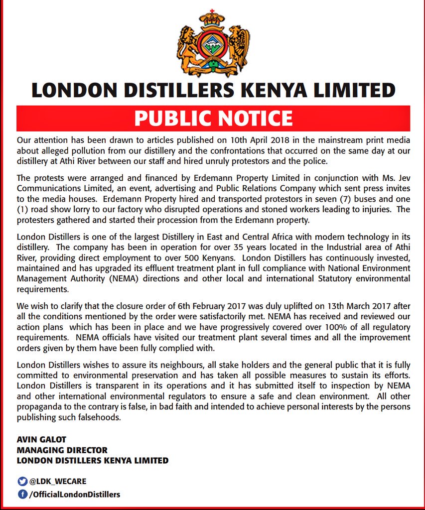 ShaffieWeru's tweet photo. Statement from London Distillers concerning pollution allegations. https://t.co/Wl5lx9rWFK