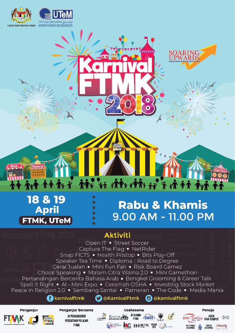 KarnivalFtmk's tweet photo. Assalamualaikum semua. Karnival FTMK 2018 kembali dengan pelbagai aktiviti dan program yang lebih menarik. Jangan lupa datang beramai-ramai untuk memeriahkan lagi Karnival FTMK pada kali ini. Jumpa anda disana!

#KarnivalFTMK2018
#SmartAndSustainTogether 
#EmpoweringTogetherness https://t.co/kdsuXdM7Uk