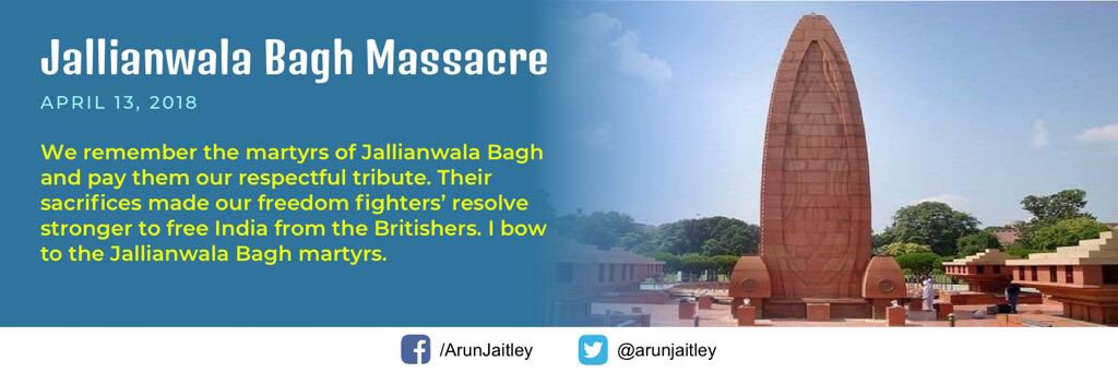 arunjaitley's tweet photo. Tributes to #JallianwalaBagh martyrs https://t.co/VTSC2NZgC1