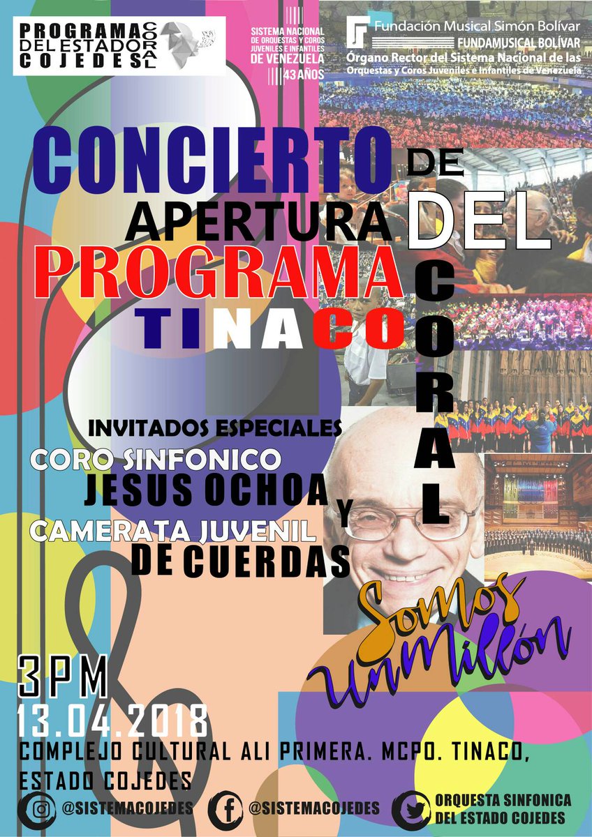 El Sistema Cojedes se alegra de invitar a toda la colectividad Cojedeña, especial al pueblo de Tinaco al Concierto de apertura del programa coral del estado Cojedes en dicho Municipio y la celebración de que el Sistema ha logrado la meta de 1 millón. Ven y celebra con nosotros!!!