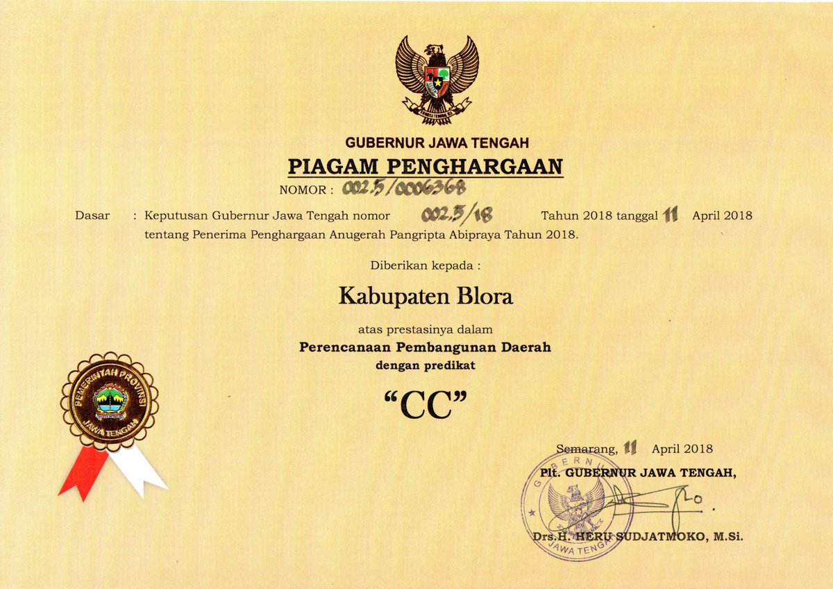 Selamat Untuk Bappeda Kabupaten Blora yang menerima Piagam Penerima Penghargaan Anugerah Pangripta Abipraya Tahun 2018, saat acara Musrenbang Provinsi kemarin di Gedung Grahadika Semarang 12 April 2018.