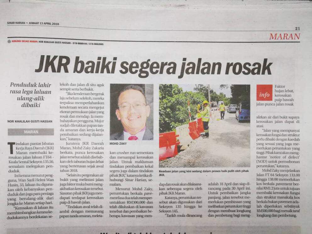 jkrmaran's tweet image. Penduduk lahir rasa lega laluan ulang alik dibaiki. @Roadcare_Maran @MOWorks @JKRPAHANG