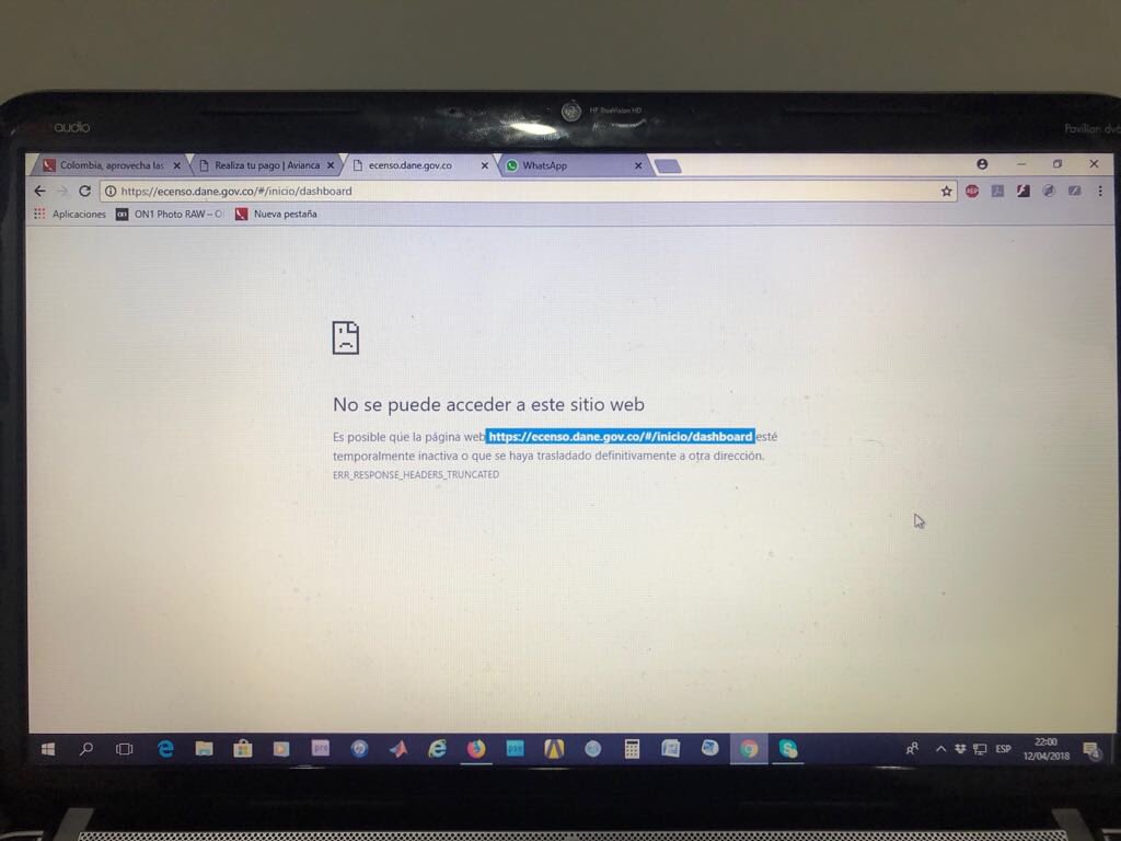 JERobledo's tweet photo. @DANE_Colombia @DANEDirector 
Señor Director:
Dejo constancia de que en mi caso y en el de muchos otros no hemos podido llenar los formularios del Censo 2018 porque el sistema no está funcionando
Son la 10:12 de Abr.12.18
Le adjunto lo que nos sale: https://t.co/DcpVilE72F