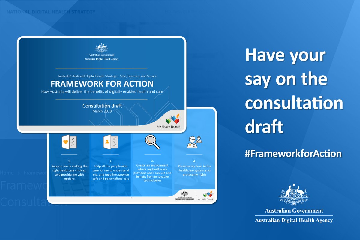 AuDigitalHealth's tweet photo. Have your say on the consultation draft #FrameworkforAction: Organisations are invited to help co-produce Australia’s National #DigitalHealth Strategy’s implementation plan – the Framework for Action https://t.co/ZQeCJ5Kq4F https://t.co/mtBLIWl4ve