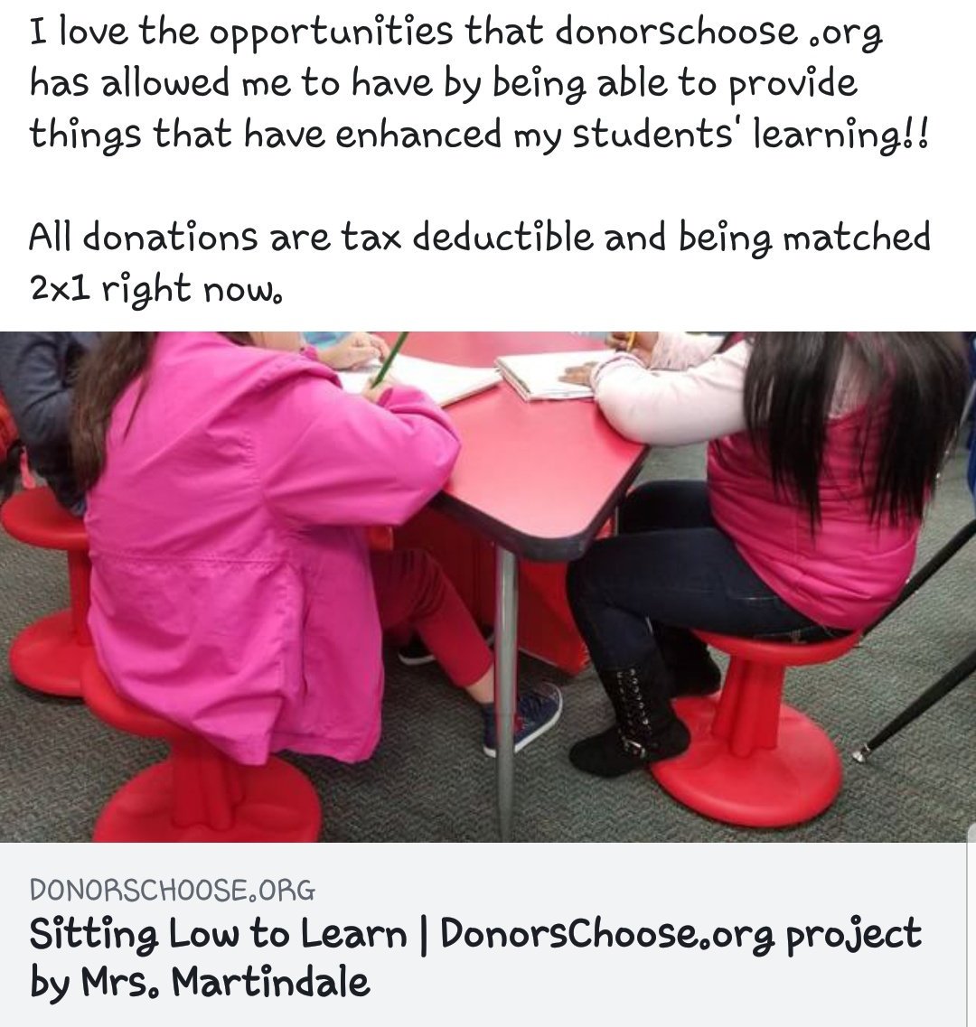 MrsAEMartindale's tweet photo. Please help me provide resources that will help my students better focus and learn. https://t.co/w7gnesAkKd 
#kindnessripple #teachers #flexibleseating #helpmyclassroom @DonorsChoose @LakeshoreLM https://t.co/4UIljGcdli