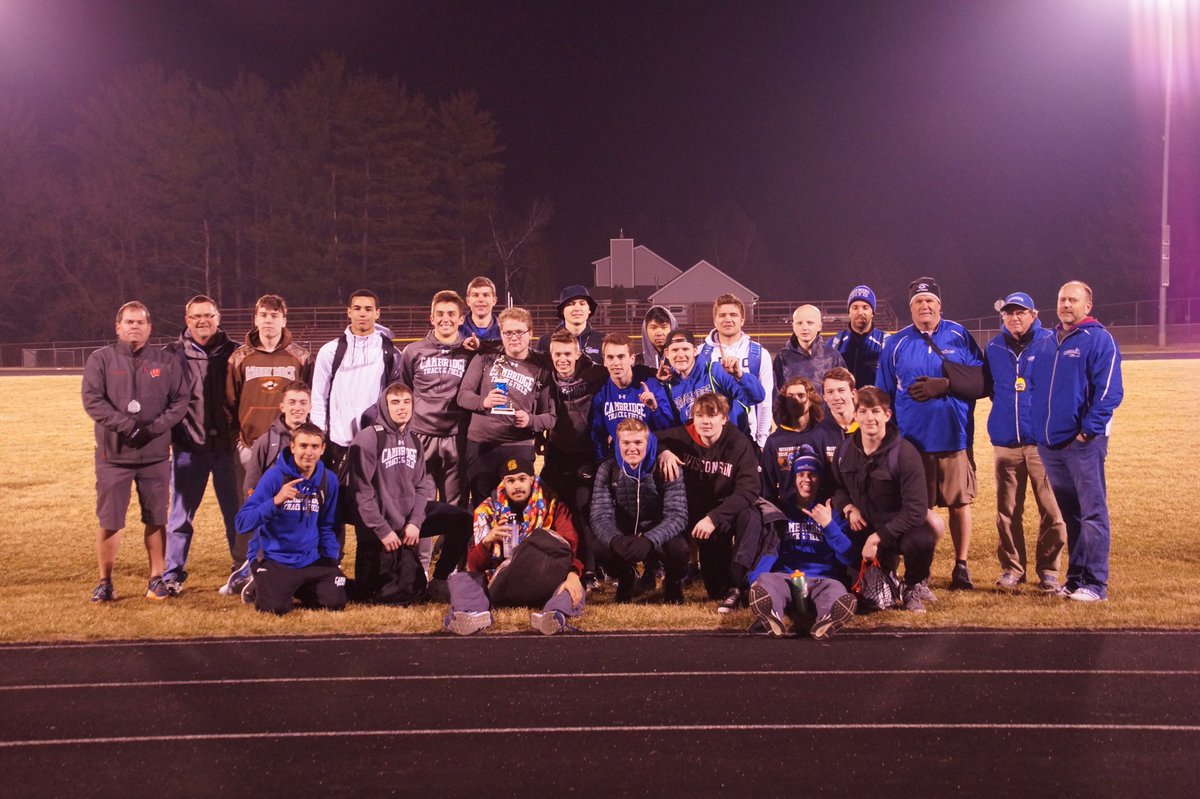 CambridgeTrackF's tweet photo. Congrats to the Cambridge boys as they capture 1st place @ Blue Jay Invite while breaking several meet and school records!! Special shout out to Blake Gieck competing in the 3200m run and breaking the tape in style! https://t.co/AqtClRsVEM