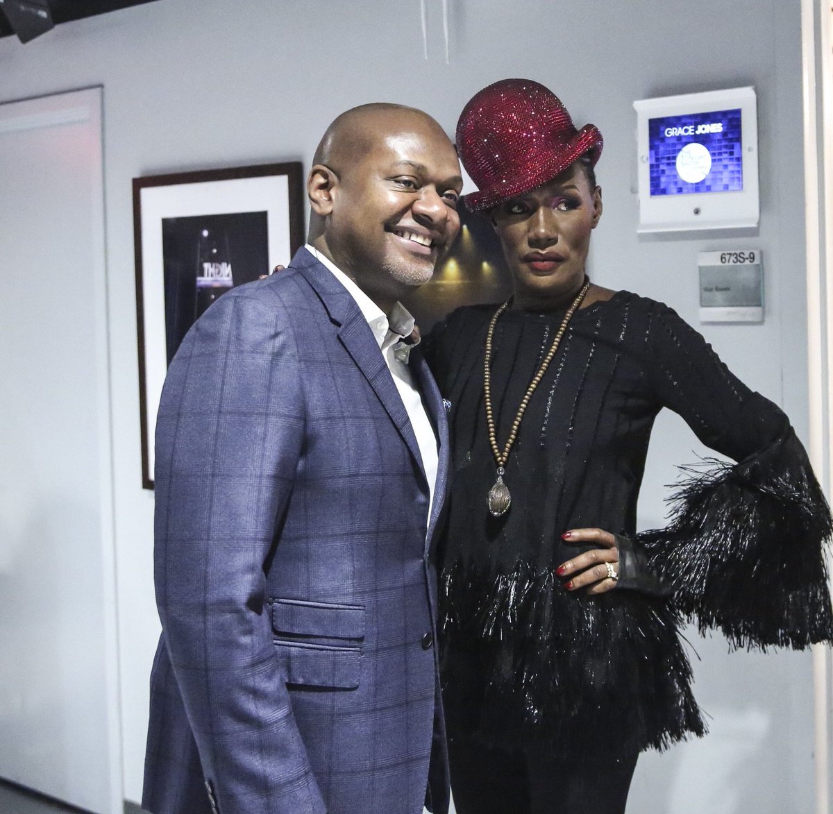 FallonTonight's tweet photo. Backstage with @Miss_GraceJones &amp; @jamespoyser! 📸 #FallonTonight https://t.co/BUSwvMMUuG