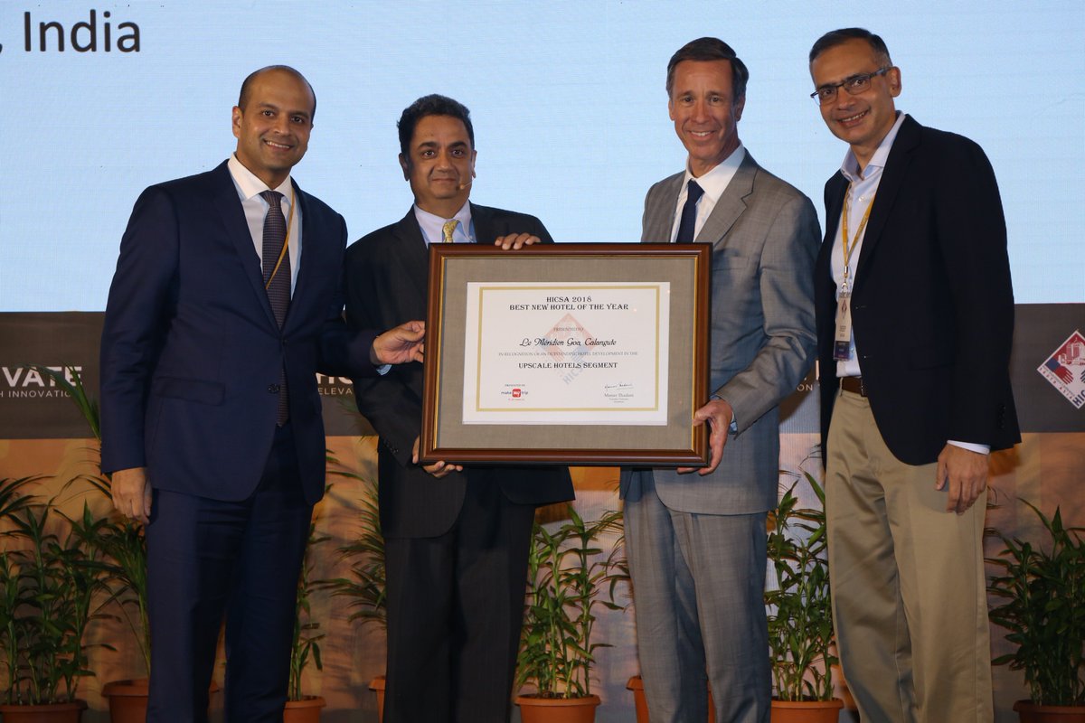 LeMeridienGoa's tweet photo. We are thrilled to share that we bagged the 'Best New Hotel - Upscale' award #HICSA. It was a delight to have Mr Arne Sorenson (CEO - @MarriottIntl ) &amp; Mr.Neeraj Govil (Area Vice President - South Asia, Marriott International) receive the award. #BestNewHotel https://t.co/6SIz9PXBUt