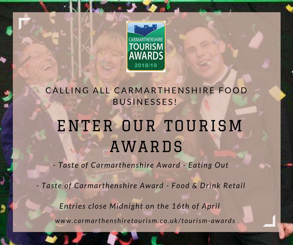 Are you a restaurant, cafe, tea room, food or drink producer? Why not enter the Carmarthenshire Tourism Awards and be recognised for your hard work. Entries close at Midnight on Monday the 16th of April ➡️ carmarthenshiretourism.co.uk/tourism-awards/

Sponsored by <a href="/castellhowell/">Castell Howell Foods</a> &amp; <a href="/Ashmoleandco/">Ashmole and Co</a>