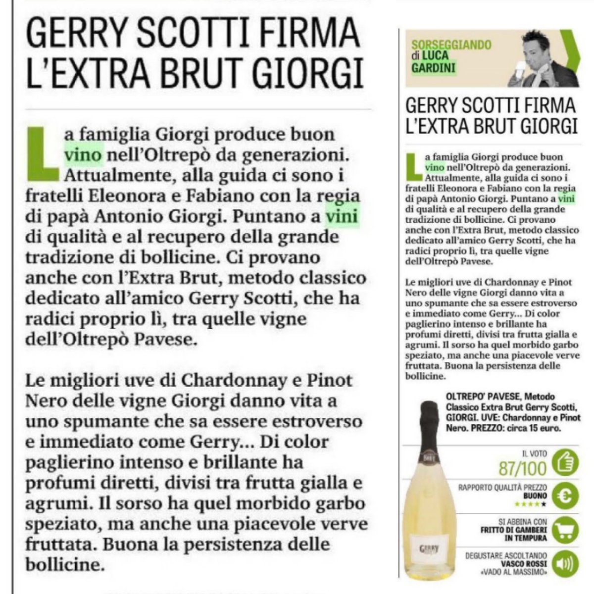 GardiniLuca's tweet photo. Su Gazzagolosa di oggi vi racconto del nuovo Extra Brut di Cantine Giorgi firmato Gerry Scotti🍾🍾🍾

#gazzagolosa #cantinegiorgi  #gerryscotti #lucagardini  #lg  🧔 https://t.co/kEQqbFbylY
