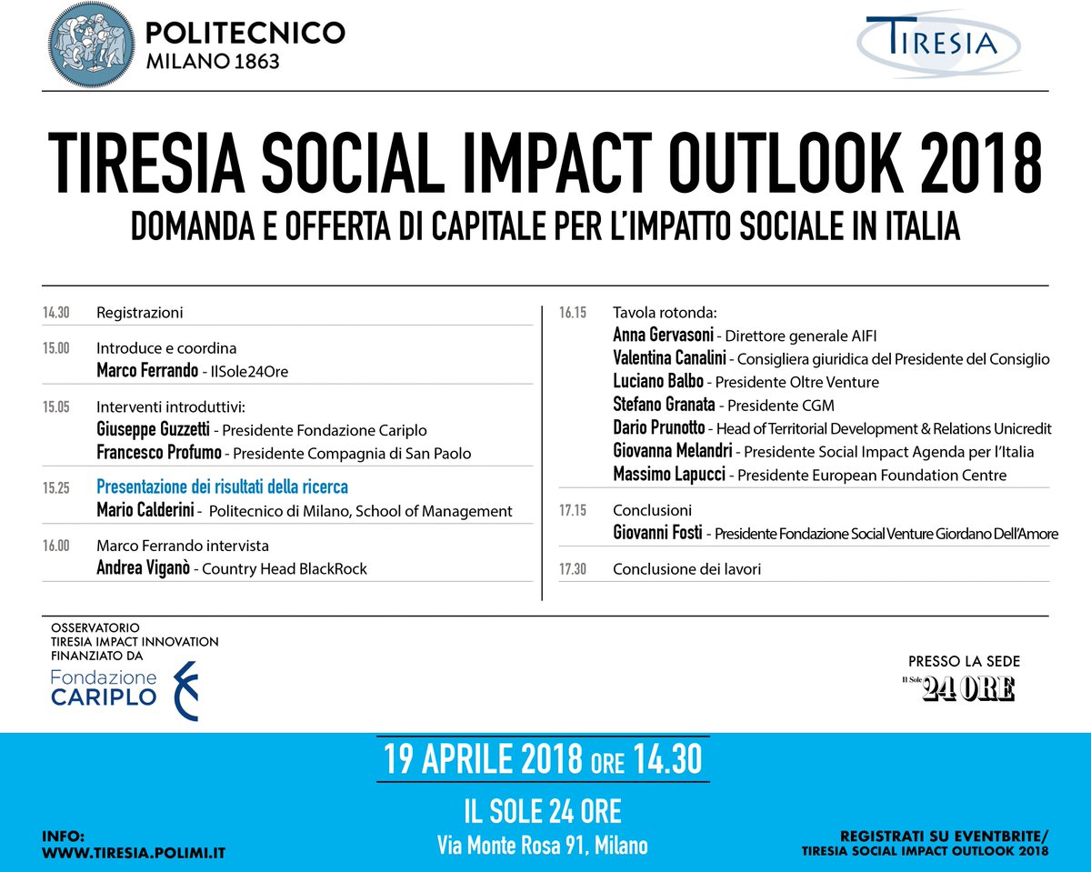 SIAita_'s tweet photo. ❗️Less than a week ❗️ A #Milano il 19 Aprile la presentazione del rapporto @Tiresia_Polimi Social Impact Outlook: uno sguardo sui dati del mercato dell'#impactinvesting in Italia https://t.co/UnspXANQI3