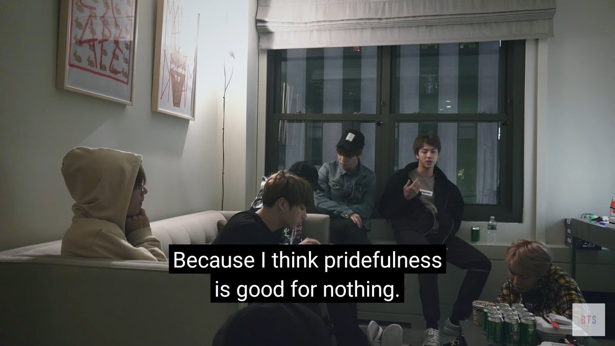 BTSARMY_Salon's tweet photo. I want to talk about this scene as well. I noticed the trans was quite rough but I didn't really pay attention at that time since I understood what he was saying.

Correct translation should be
"I believe that [standing on] pride is the most unnecessary thing when living life." https://t.co/KQLqNlz6Jn