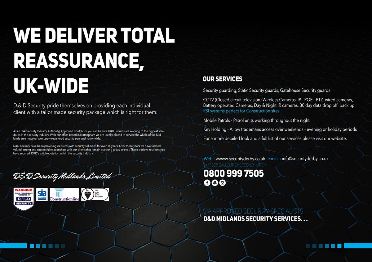 DDsecurityDerby's tweet image. Delivering total reassurance UK wide...
Call for more information regarding any of our security services
securityderby.co.uk/CCTV.html
