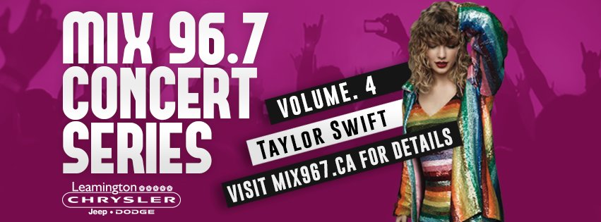 themix967's tweet photo. WIN YOUR WAY TO SEE TAYLOR SWIFT AT THE ROGERS CENTRE AUGUST 3!
Listen all day from 6-6 pm, when we play any T Swift songs, call in qualify for tickets, a two night stay at @BondHoteland &amp; transportation.

WINNER ANNOUNCED FRIDAY APRIL 20TH. @LeamingtonCDJR https://t.co/C87fc8tzYQ