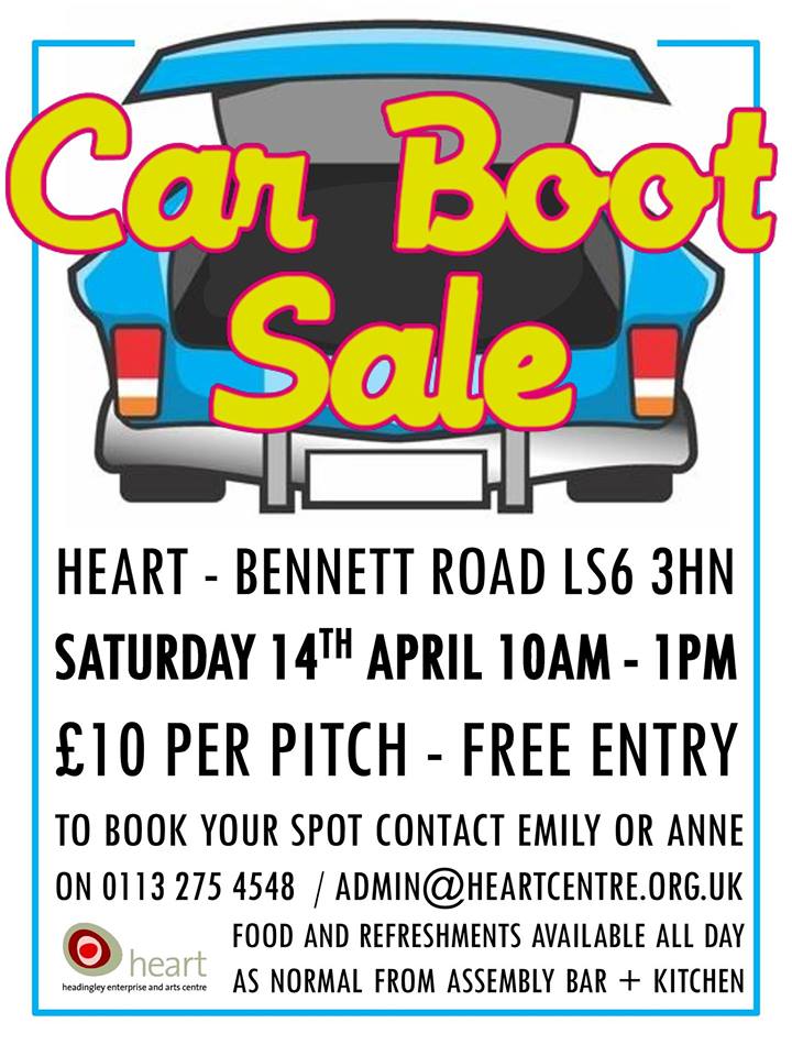 HEART's Car Boot Sale is taking place tomorrow! Pitches are now all gone but come down between 10am and 1pm to pick up some bargains. Free entry for buyers. As always, Assembly Bar + Kitchen will be serving fresh meals and drinks throughout the day - including all day breakfasts!