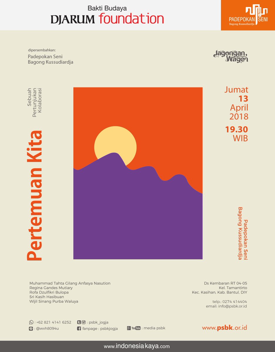 Jauuhhhh :( || sukses, semagat :D RT <a href="/PSBK_Jogja/">Padepokan Seni Bagong Kussudiardja Official</a>: <a href="/TeaterKomunitas/">Teater Komunitas</a> MALAM INI!!
Jagongan Wagen Edisi April 2018 persembahan Seniman Pasca-terampil (residensi) PSBK 2018
"Pertemuan Kita"

Jumat, 13 April 2018 pkl 19.30 di PSBK 
Mari datang!