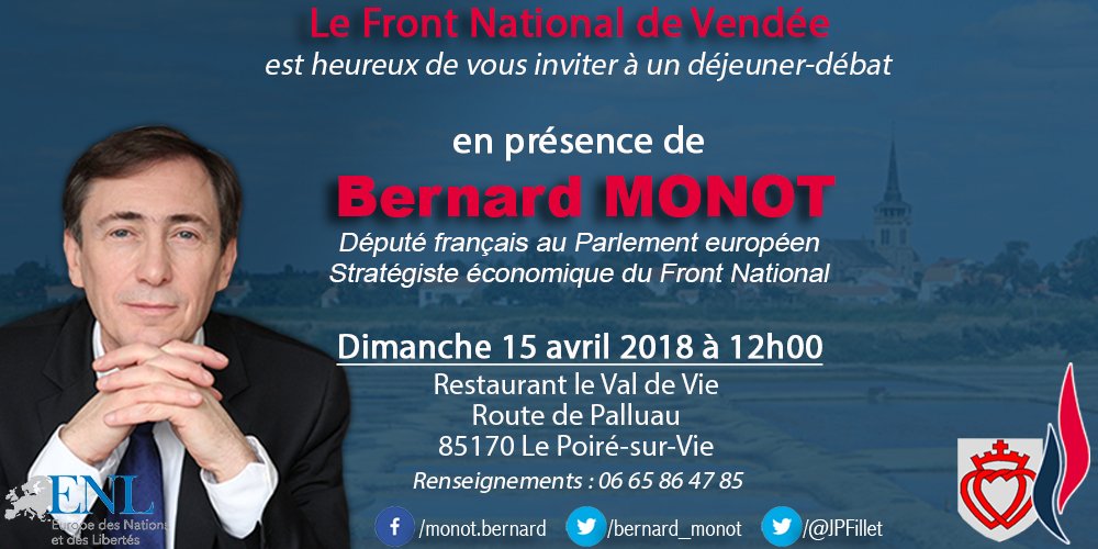 Bernard_Monot's tweet photo. 📅Je serai heureux de vous retrouver Dimanche autour d'un déjeuner-débat en #Vendée aux côtés de @JPFillet. Venez nombreux, je répondrai à vos questions ! #FN85 @FN_officiel @enl_france https://t.co/9ZuE0KaQIY
