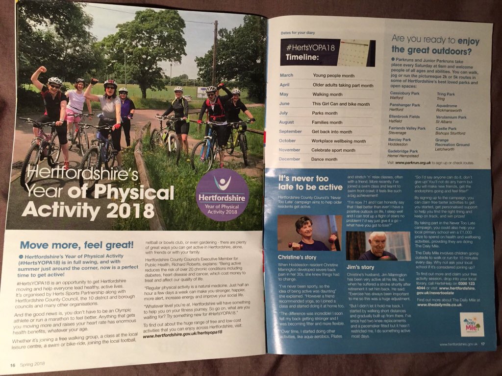 PSimey's tweet photo. ✨Update!

🏊‍♂️🚶🏻‍♀️🏃‍♂️🚴‍♂️ #NeverTooLateHerts physical activity campaign

➡️In #Herts Horizons magazine

➡️240 people registered already!

🗣Watch out for publicity drive from Monday!

▶️sign up here: https://t.co/hVx1mXfNJs

#MoveMoreFeelGreat
#HertsYOPA18 https://t.co/Ic2pV8wSr4