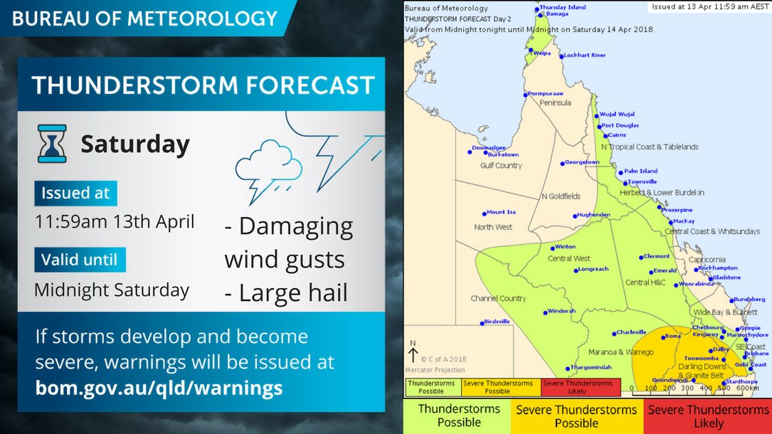 BOM_Qld's tweet photo. #QldStorm forecast for Saturday: severe storms possible in inland #SouthernQld #SEQld and #DarlingDowns tomorrow as the trough moves east. Damaging wind gusts are the main threat, but large hail is also possible. What makes a 🌩️ "severe"? Find out here https://t.co/ftG78fOrB7 https://t.co/CtBT7DXB4Y