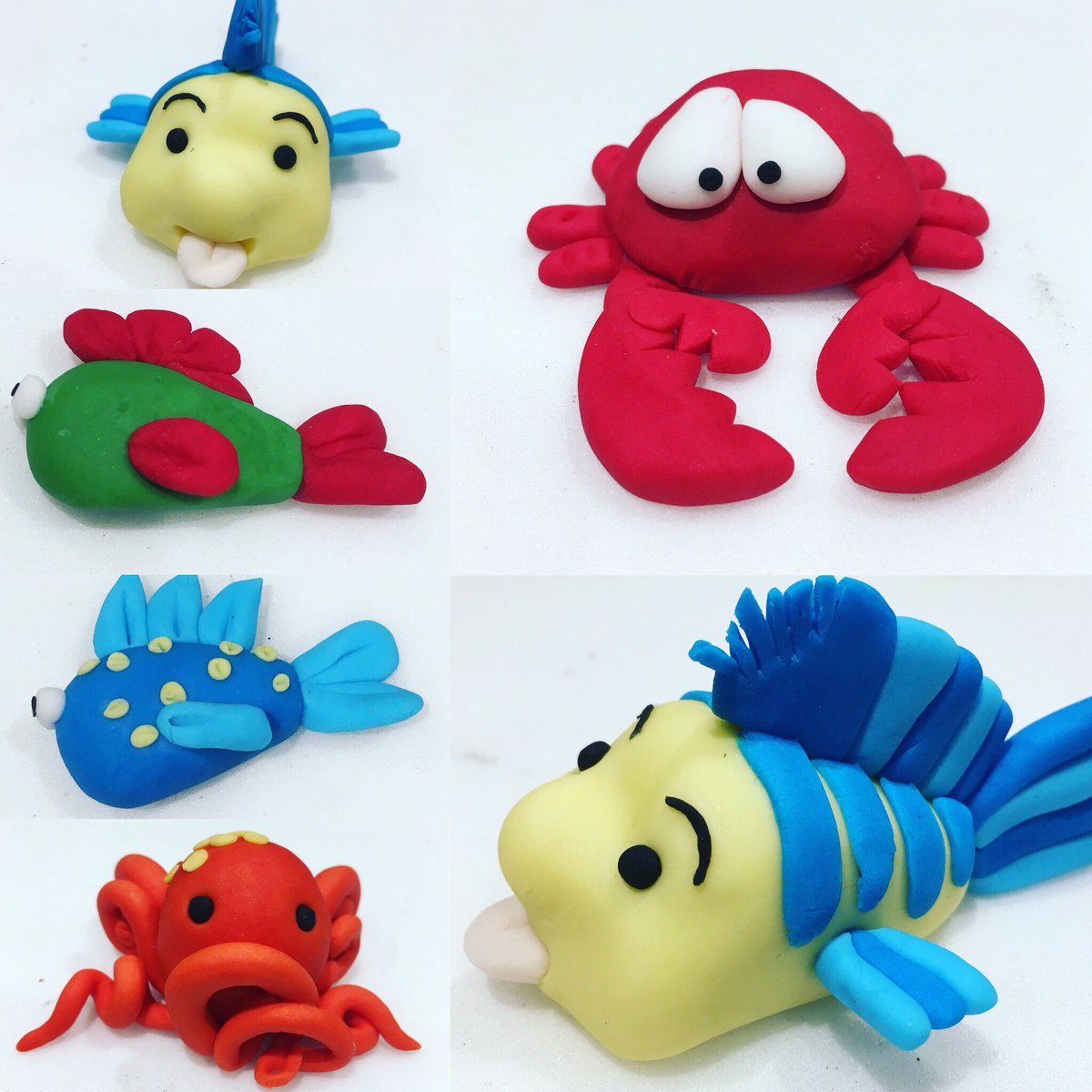 Hannahscakebox's tweet photo. It’s my daughter’s birthday this week, she ‘requested’ (I had no choice!) an ‘under the sea’ themed cake. So here are a few little characters for it #birthdaycake #cakedecorating #kidscake #seacake #octopus #flounder #crab #sebastian #fish #sugarcraft #fondantdecoration https://t.co/Fa8c0HltCG
