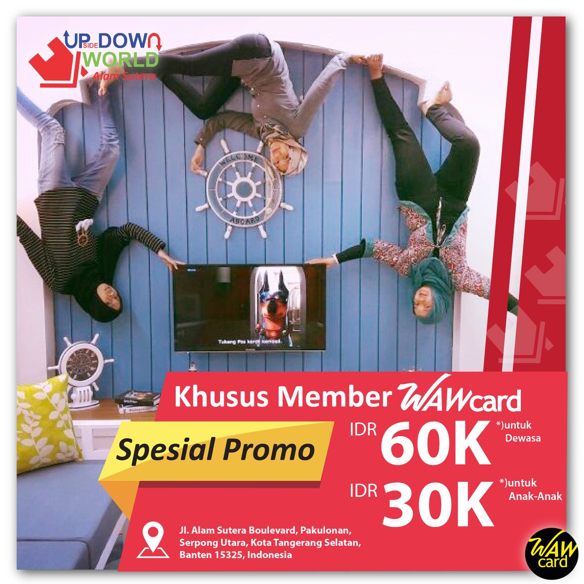 wawcard's tweet photo. Bingung Weekend besok mau kemana?
Cus gk ush bingung lagi, jalan2 bareng WAWcard dijamin pasti murah dan seru! 
Yuk ke Upside Down World Alam Sutera tentu dengan Diskon yg sangat menarik untuk kamu khusus member WAWcard, yaitu : 
- IDR 60K Dewasa
- IDR 30K anak-anak
#WAWcard https://t.co/u8tdq6VtwU