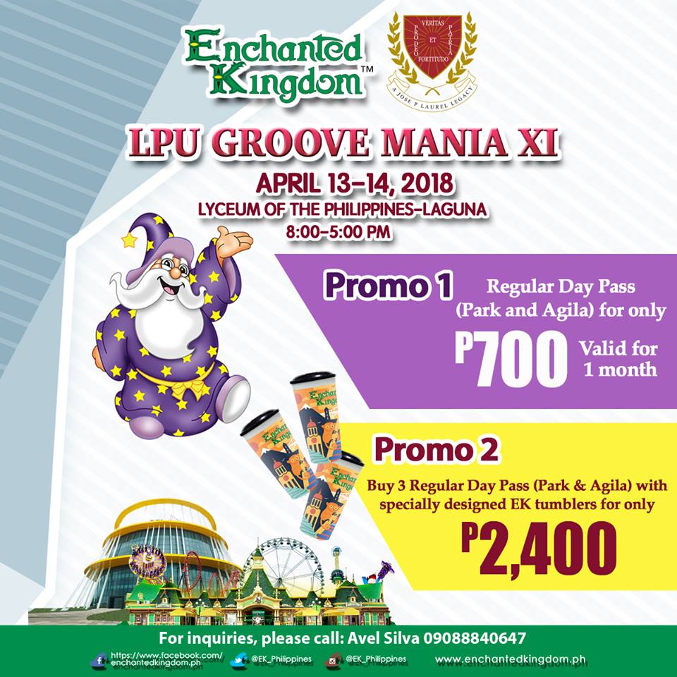 #CatchEldar at LPU GROOVE MANIA XI from April 13-14, 2018!! Drop by our booth from 8am-5pm and avail of these special rates for your next barkada getaway to #EnchantedKingdom! #iloveEK #EKPromos
