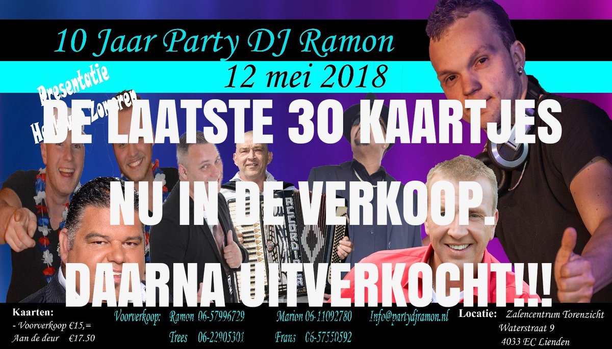 De laatste 30 kaartjes voor het 10 jarig jubileum van <a href="/PartyDjRamon/">Ramon van Dijk</a> met <a href="/Jannesonline/">Jannes</a> <a href="/DjangoWagner1/">Django Wagner</a> <a href="/Lesleyhazes/">Lesley Williams</a> <a href="/fransbaggerman/">Frans Baggerman</a> En vele andere in TORENZICHT LIENDEN in de voorverkoop t