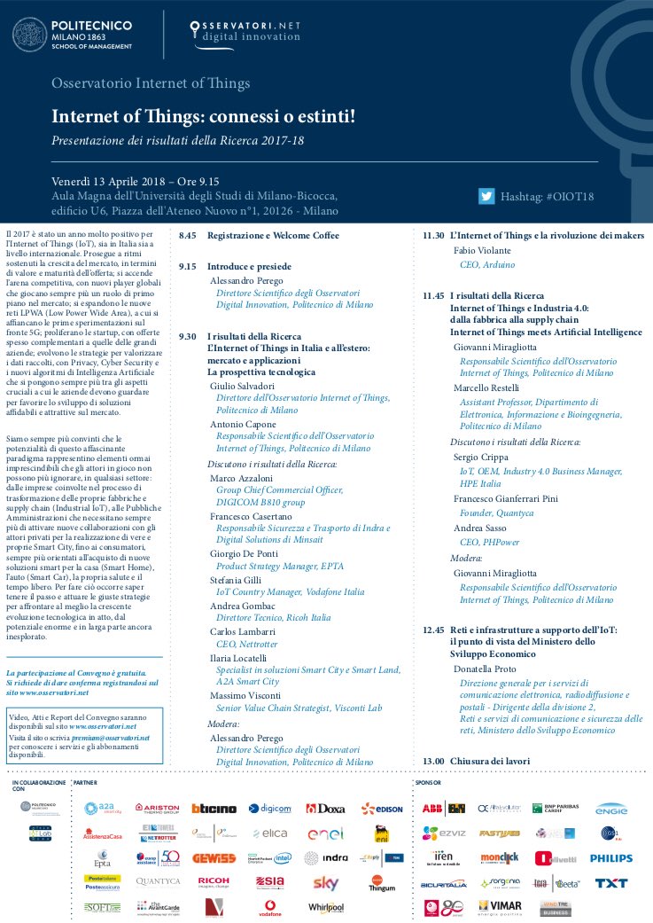Osserv_Digital's tweet photo. Ecco il programma del Convegno "Internet of Things : connessi o estinti!" https://t.co/GdYfa6kQ1o #OIOT18 https://t.co/uuM7bNYIX2
