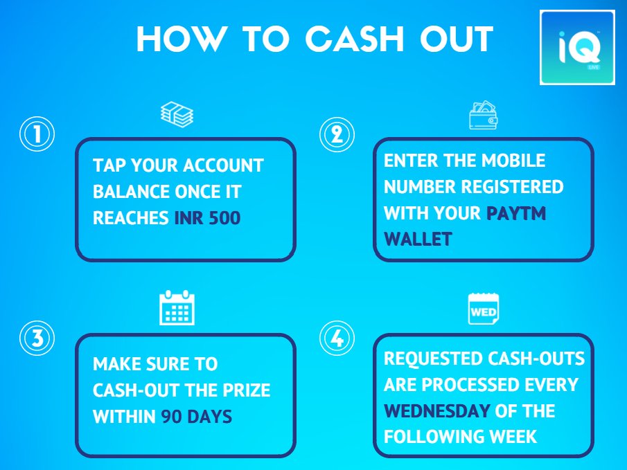 It's easy to cash-out your hard earned prize money on #iQLive. Once you've earned a minimum of INR 500, follow these steps.