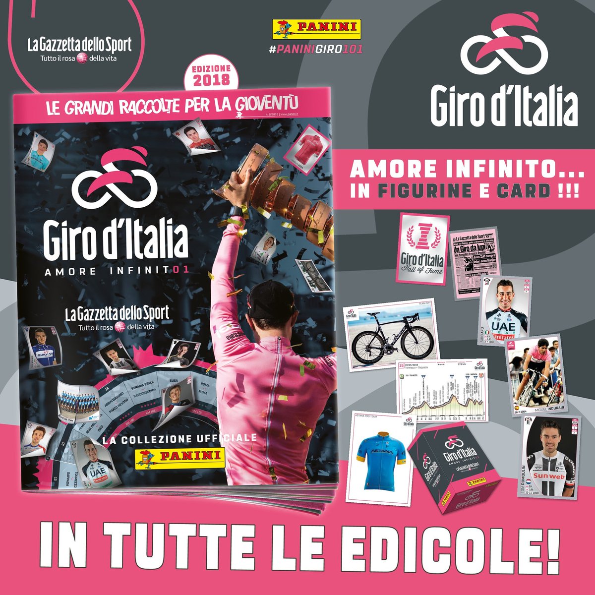 Dopo il grande successo della raccolta 2017, Panini torna in edicola con la collezione di figurine e card Giro d'Italia 101 ❤️🚴🏻 Una vera e propria guida all'edizione 2018 del Giro e alla storia della Corsa Rosa composta da 395 figurine e 73 card! #PaniniGiro101 #Giro101