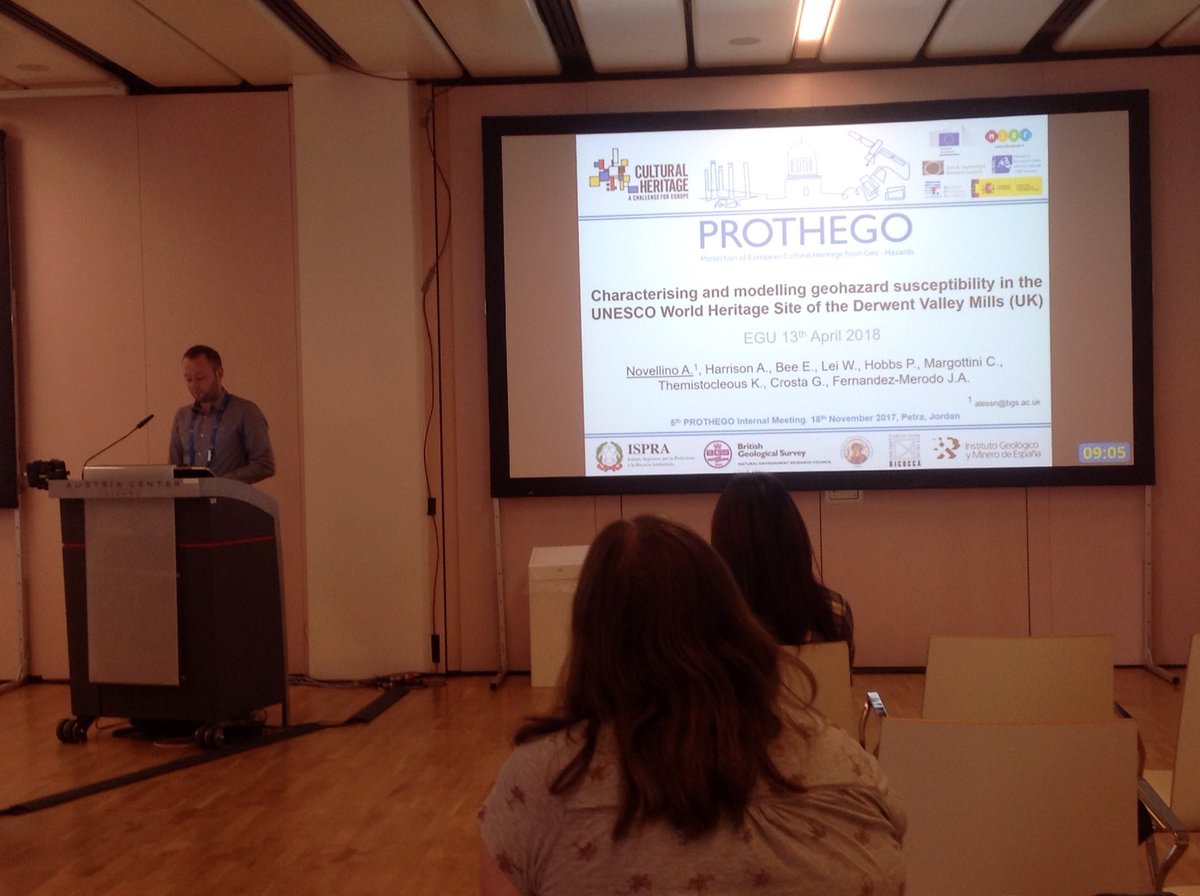 PROTHEGO's tweet photo. @Alessan24583061 presenting the @DVMillsWHS case study from the Prothego project, looking at protection of world heritage from geohazards using satellite data #EuropeForCulture @BritGeoSurvey #EGU2018 @AnnaMay76 https://t.co/RCES2pjDgT