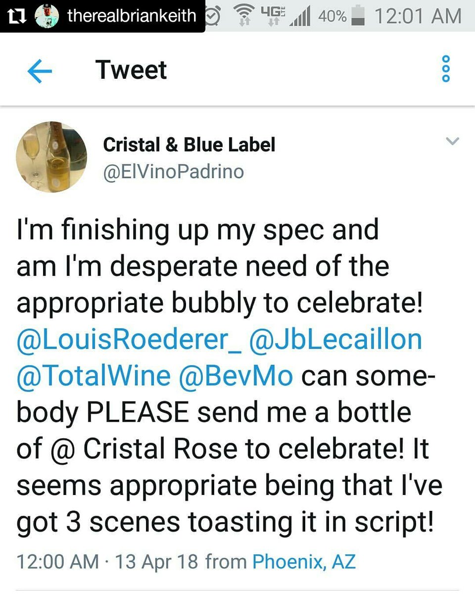 realBrianKeith's tweet photo. My IG: I had to reach out to my 1 &amp; only source for THE BEST @LouisRoederer_ @JbLecaillon and see if they could help me celebrate this momentous occasion! Cheers lads THANK U for continuing to bless us all w/ the most elegant and delectable champagne the world over! #CristalRosè https://t.co/iX6vjcYLZP