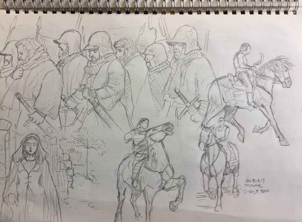 シーズン5落書き、剣対槍、剣対レイピアとか闘う人たち…。リンクさんも泥臭く剣振るわせたいわ。日本の合戦、立ちまわりも落書きしたいなー     #GameOfThrones 