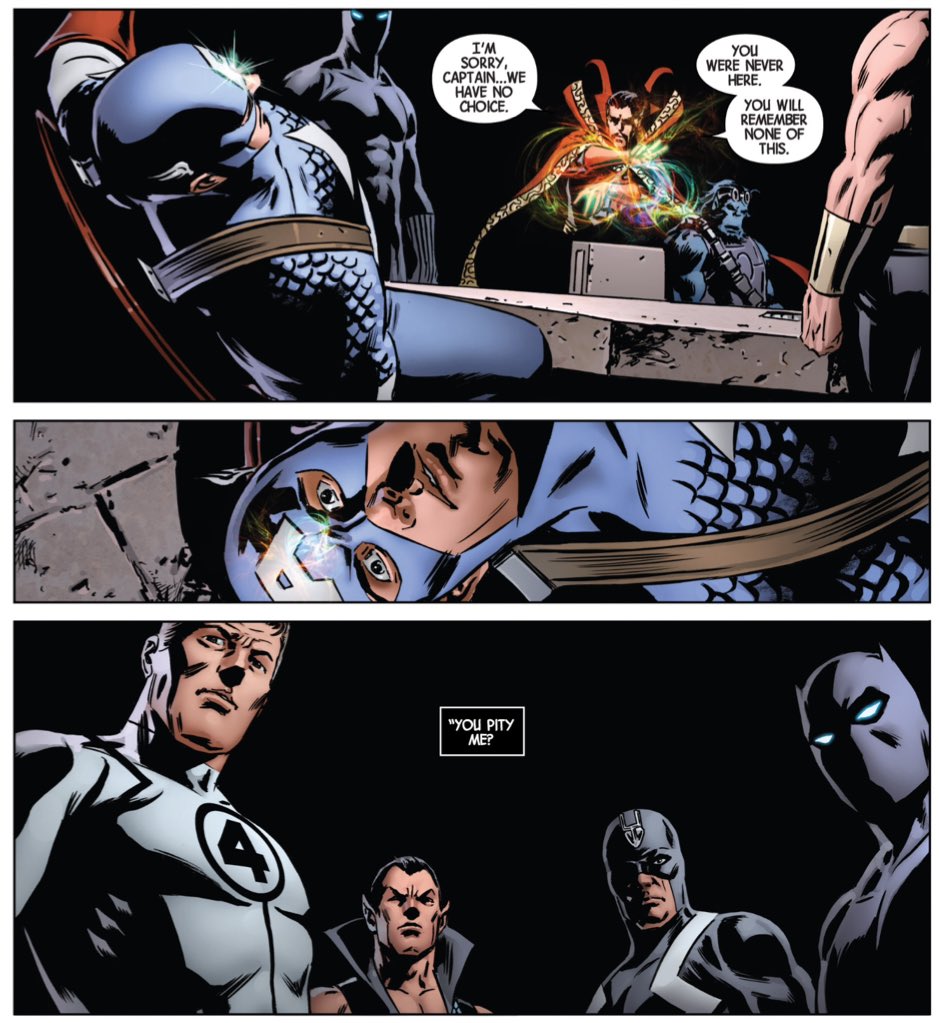 It's not even a matter of chronology, with Steve Rogers having nightmares about events at the end of the first arc of "New Avengers" at the start of "Avengers."That's foreshadowing, testament to Hickman's design.(Avengers #1/New Avengers #3.)