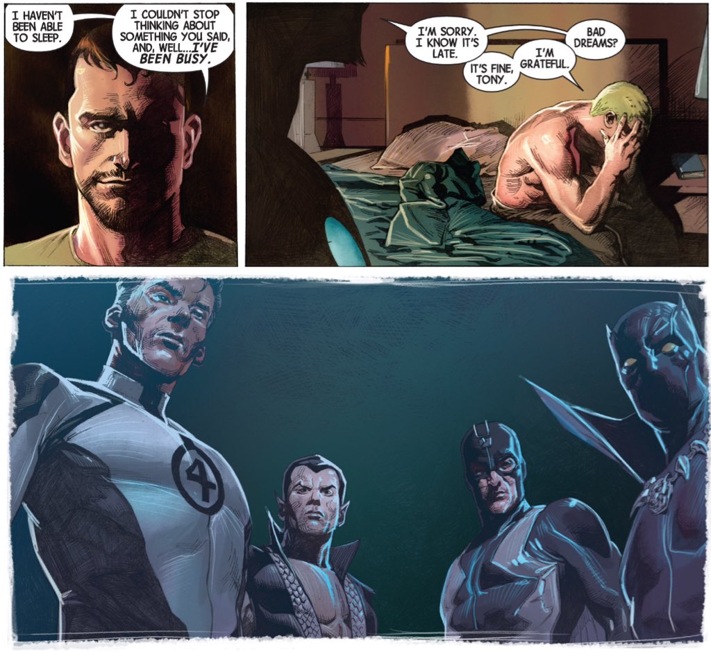 It's not even a matter of chronology, with Steve Rogers having nightmares about events at the end of the first arc of "New Avengers" at the start of "Avengers."That's foreshadowing, testament to Hickman's design.(Avengers #1/New Avengers #3.)