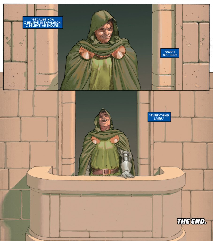 The issue is symmetry, with the opening issues of "New Avengers" neatly book ending their last issue of "Secret Wars."I mean, here are Reed's opening and closing monologues of Hickman's run.(New Avengers #1/Secret Wars #9.)