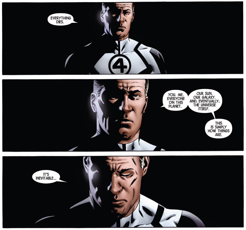 The issue is symmetry, with the opening issues of "New Avengers" neatly book ending their last issue of "Secret Wars."I mean, here are Reed's opening and closing monologues of Hickman's run.(New Avengers #1/Secret Wars #9.)