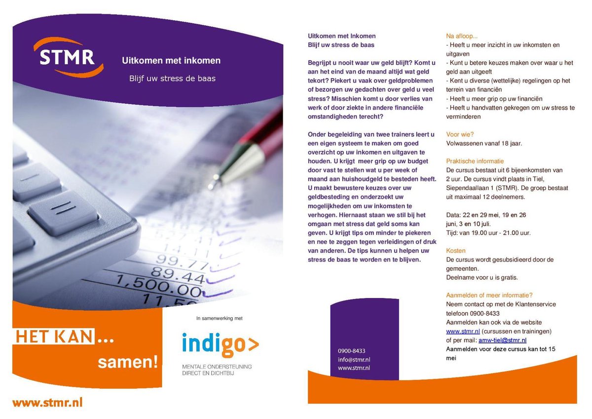 Op 22 mei start de gratis avondcursus Uitkomen met #inkomen, blijf uw #stress de baas in #Tiel in samenwerking met <a href="/STMR_Tiel/">STMR</a>. Er zijn nog plaatsen vrij!