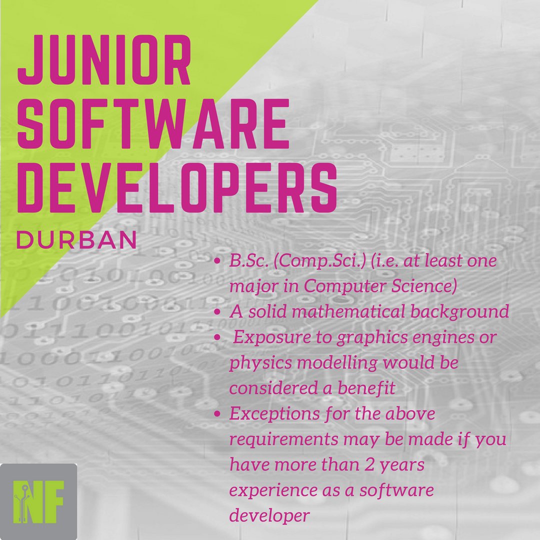 NurturinFutures's tweet image. We are looking for a #JuniorSoftwareDeveloper in #Durban
Email CV's to:
ella@nurturingfutures.com
#NurturingFutures #YourCareerIsOurPassion #International #Career #InternationRecruitment #SoftwareDevelopment #ITRecruitment #Headhunting