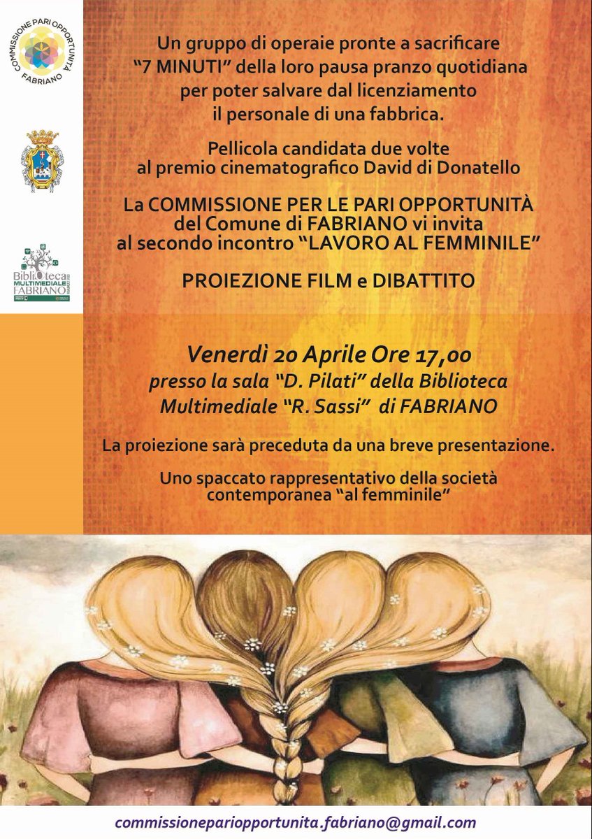 Venerdì 20 aprile ore 17.00 Sala Conferenze "D. Pilati" della <a href="/bibliofabriano/">Biblioteca Fabriano</a> secondo appuntamento con "Lavoro al femminile". Evento a cura della Commissione per le #pariopportunità del <a href="/ComuneFabriano/">Comune di Fabriano</a> 
#cineforum #7minuti #lavoro #BibliotecaFabriano #Fabriano