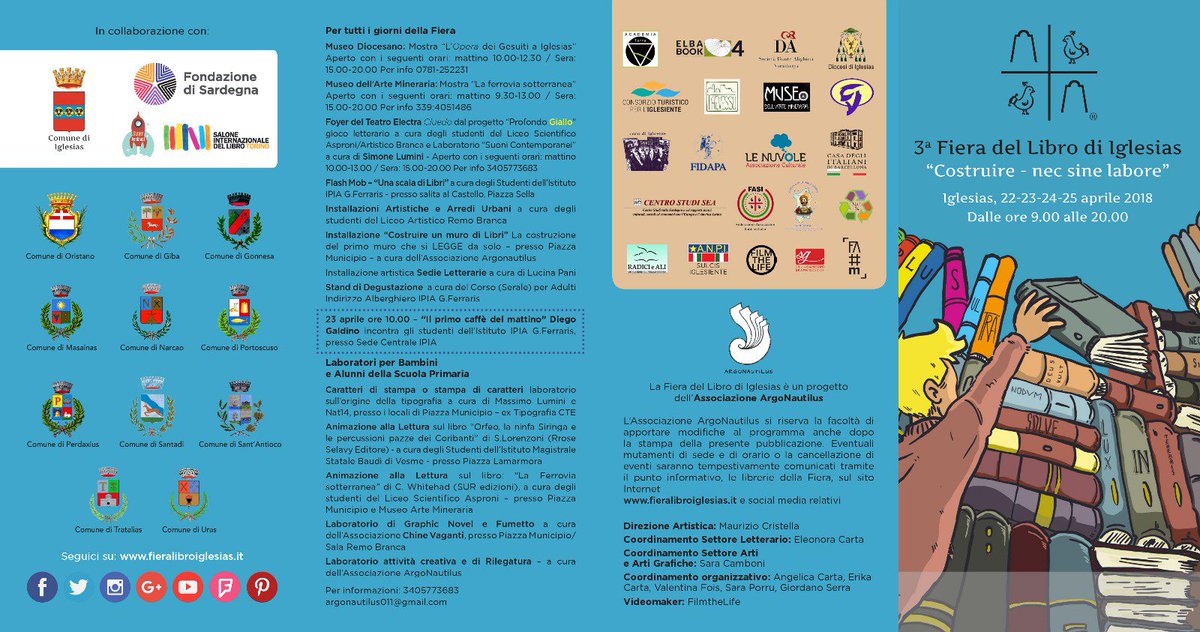 argo_nautilus's tweet photo. Il programma della Fiera del Libro di Iglesias 2018 "Costruire - Nec sine labore". Da oggi disponibile anche in cartaceo! Non prendete impegni dal 22 al 25 aprile prossimi!!
#fieralibroiglesias #costruire #costruireunmurodilibri https://t.co/zBbJWRXO3b