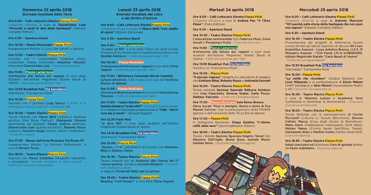argo_nautilus's tweet photo. Il programma della Fiera del Libro di Iglesias 2018 "Costruire - Nec sine labore". Da oggi disponibile anche in cartaceo! Non prendete impegni dal 22 al 25 aprile prossimi!!
#fieralibroiglesias #costruire #costruireunmurodilibri https://t.co/zBbJWRXO3b