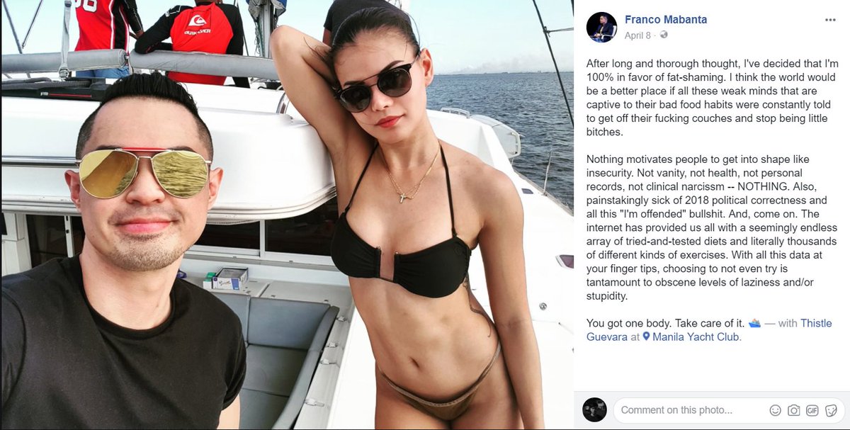not_alfonso's tweet photo. So, Franco Mabanta's idea of a summer shoutout is a photo of him posing with a size 0 model and encouraging fat shaming by clumping the various reasons why people are fat (chronic medical reasons, depression, injury, etc) under "weak mindedness". Somebody castrate him already. https://t.co/5IggNjX421